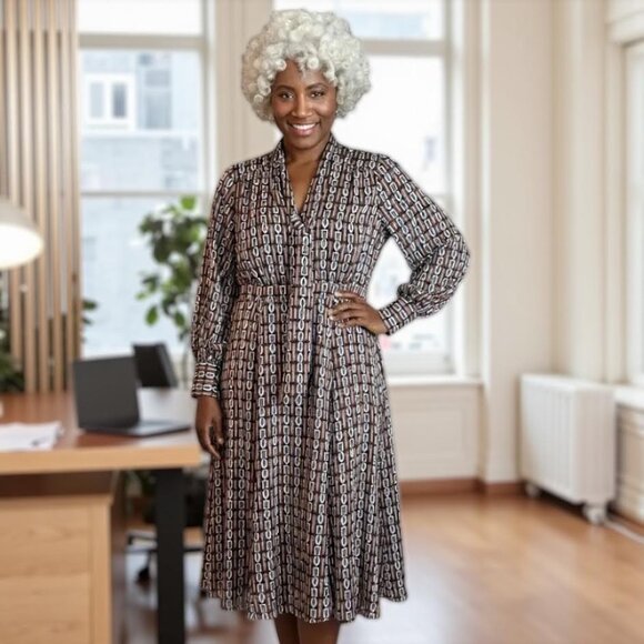 INC Geometric Print Belted Midi Dress Brown/Black Sz L - Picture 1 of 13